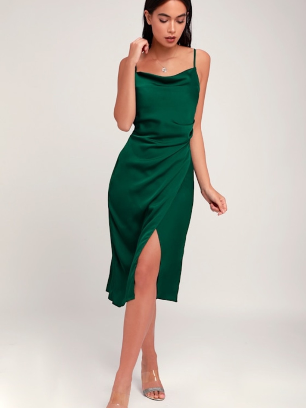 Lulus Hollywood Woman Forest Green Satin Midi Dress - Size M